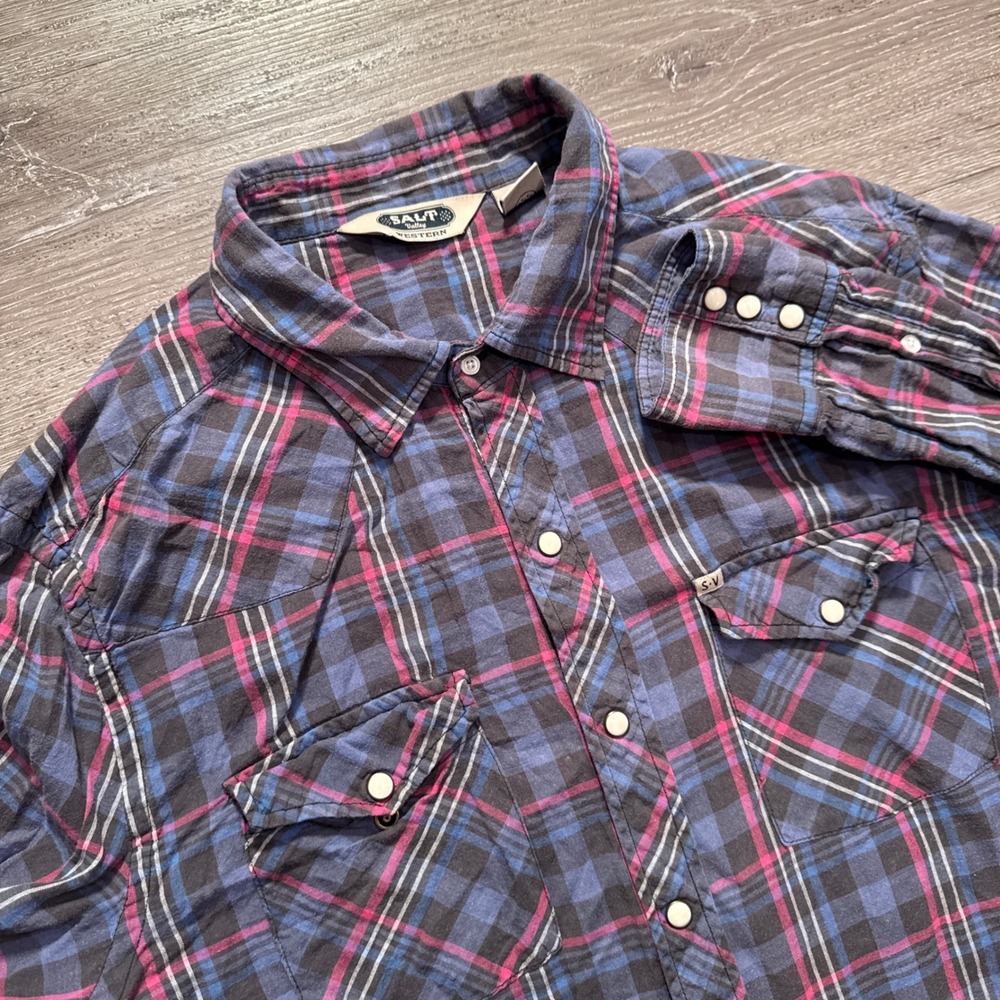 Salt Valley Western Shirt Mens L Blue Plaid Cotton Pearl Snap Cowboy Heritage
